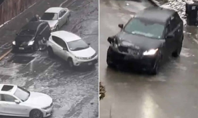 Video Parked cars slide down icy hill during snowstorm in Seattle USA